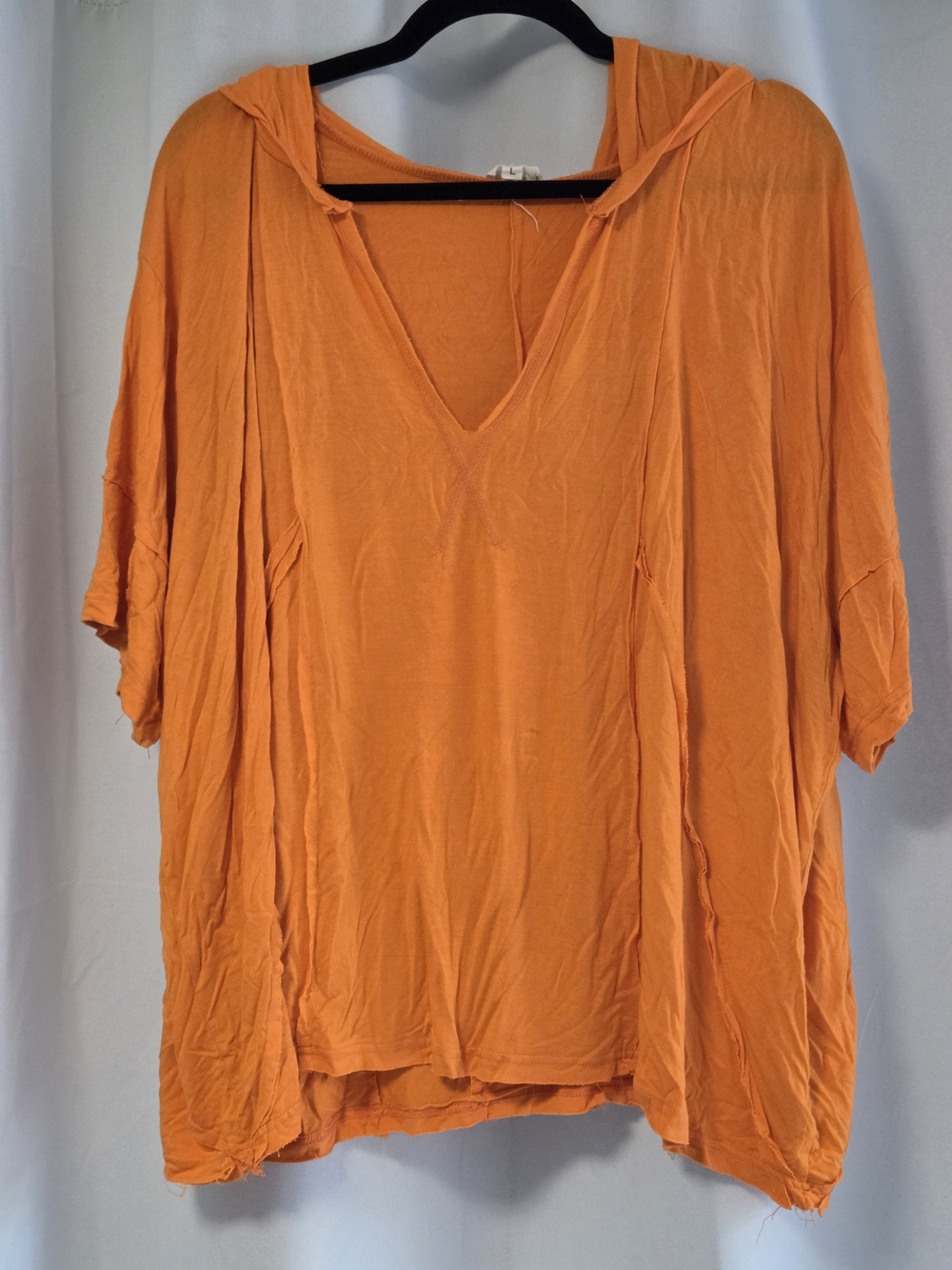 POL Clothing Orange Oversized V-Neck Hoodie Top Raw Edge Boho Size L